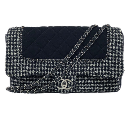 Chanel Black and Ecru Tweed Jersey Quilted Large Flap Bag