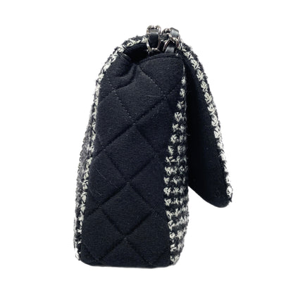 Chanel Black and Ecru Tweed Jersey Quilted Large Flap Bag