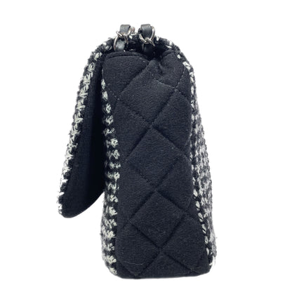 Chanel Black and Ecru Tweed Jersey Quilted Large Flap Bag