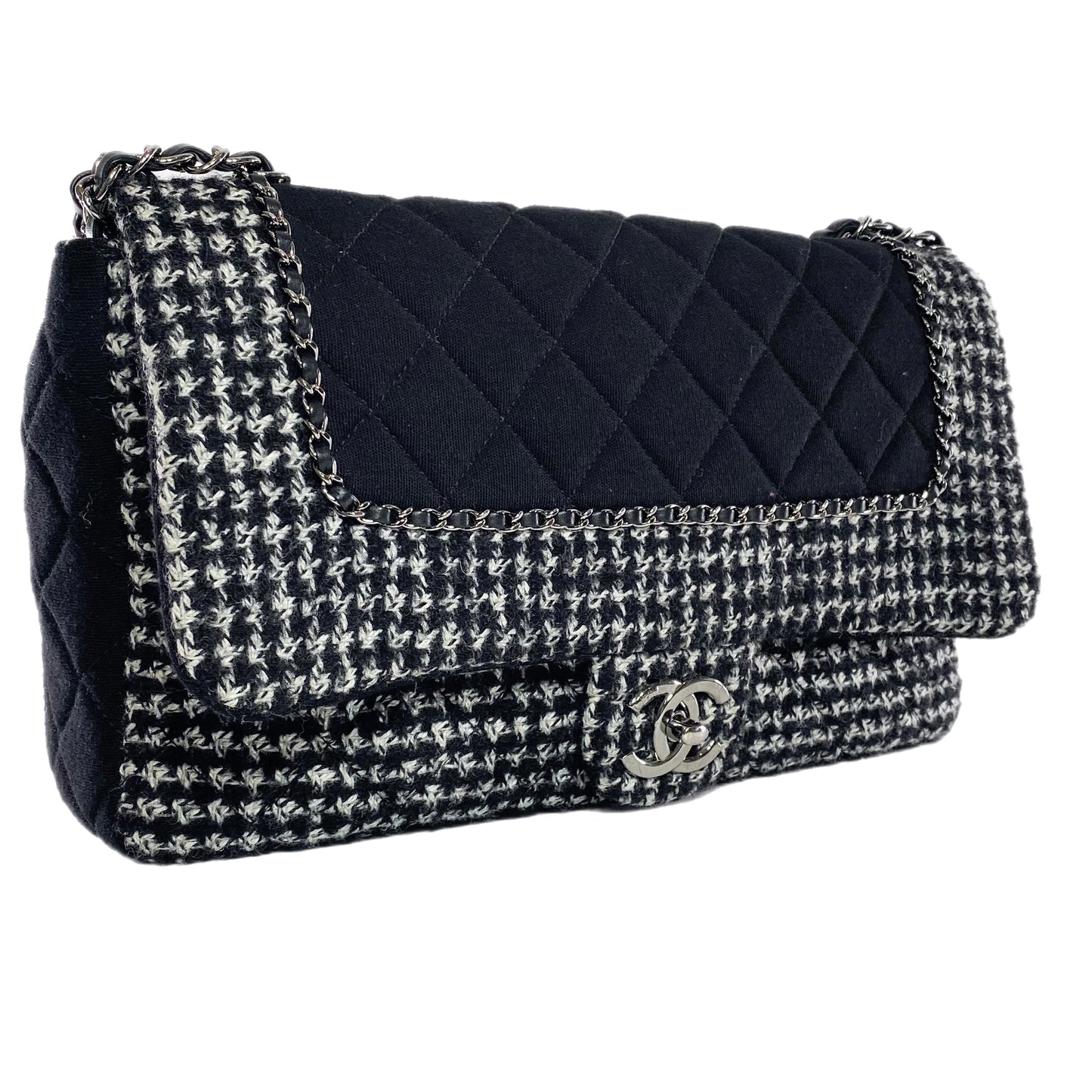 Chanel Black and Ecru Tweed Jersey Quilted Large Flap Bag
