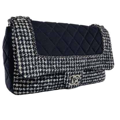 Chanel Black and Ecru Tweed Jersey Quilted Large Flap Bag
