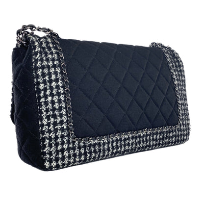 Chanel Black and Ecru Tweed Jersey Quilted Large Flap Bag