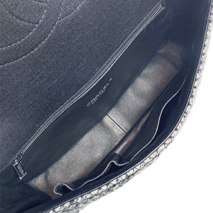 Chanel Black and Ecru Tweed Jersey Quilted Large Flap Bag