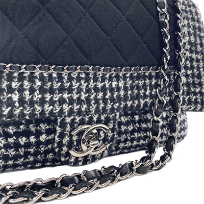 Chanel Black and Ecru Tweed Jersey Quilted Large Flap Bag