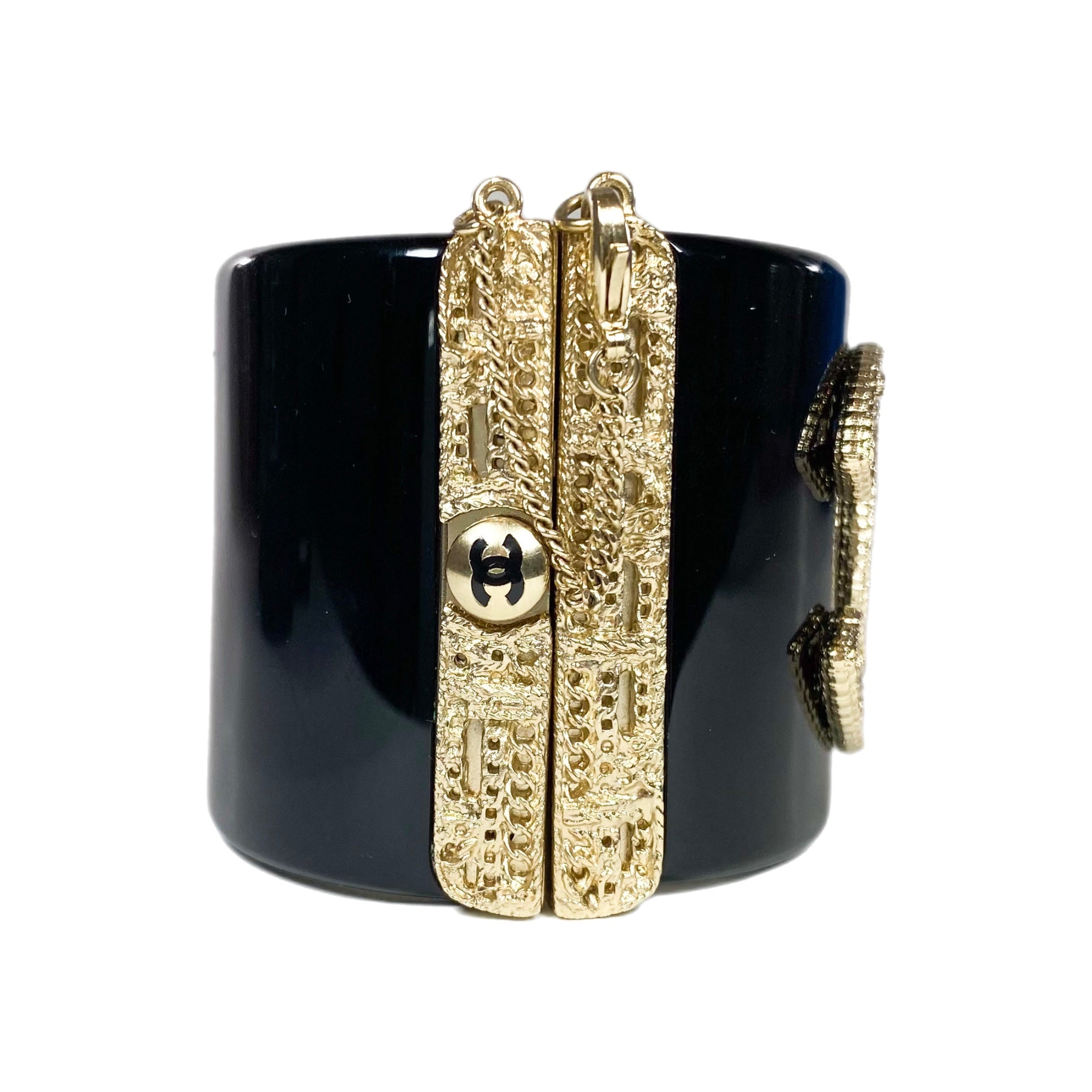 Chanel Black Resin and Gold Filigree CC Cuff