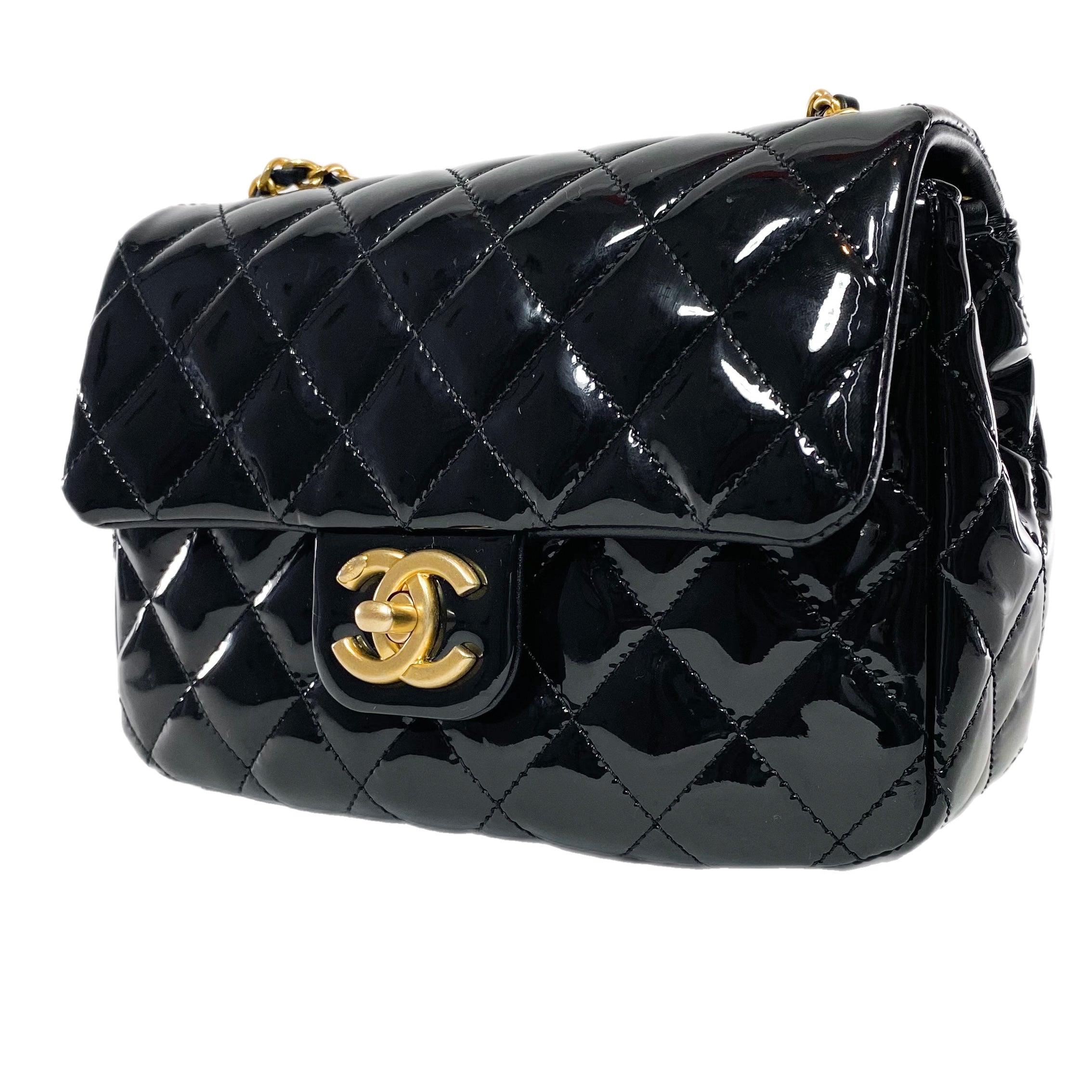 Chanel Black Patent Enamel Quilted Mini Coco Hearts Square Flap