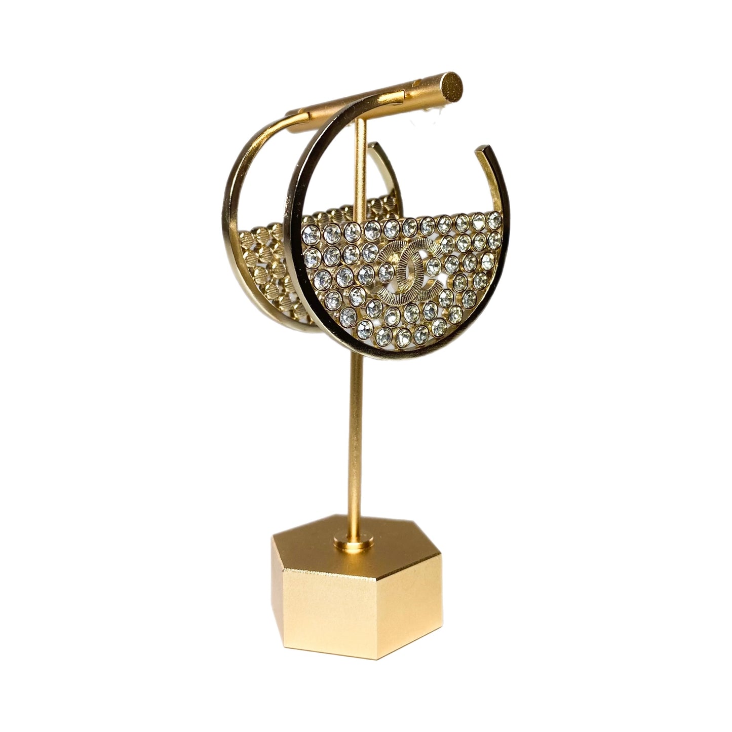 Chanel CC Light Gold Hoop Earrings with Crystals