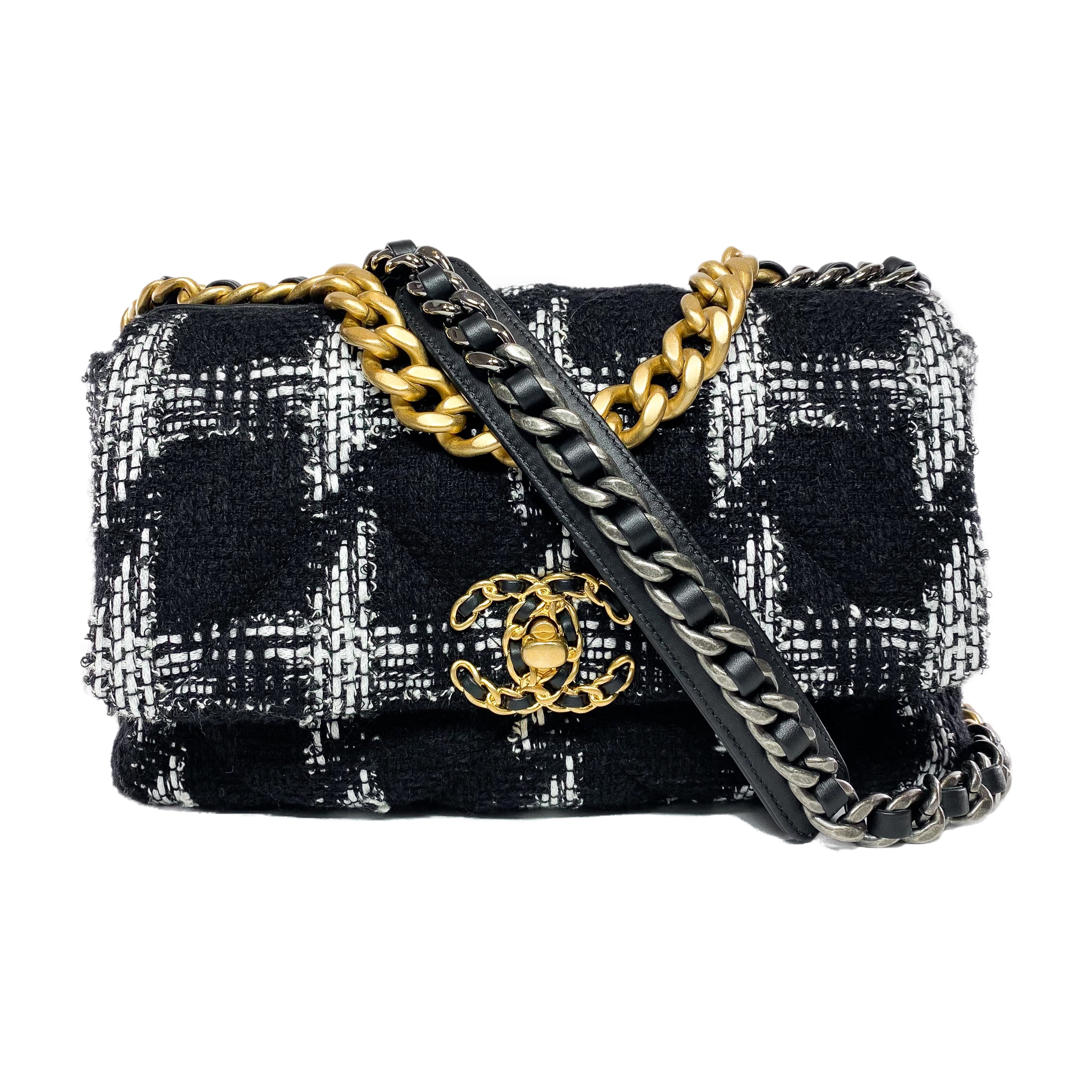 Chanel 19 Medium Black and White Tweed Flap Bag