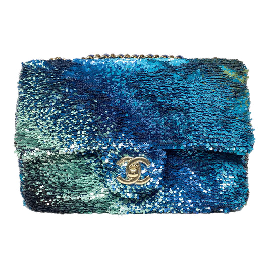 Chanel Blue Green Shaded Sequins Mini Flap Bag
