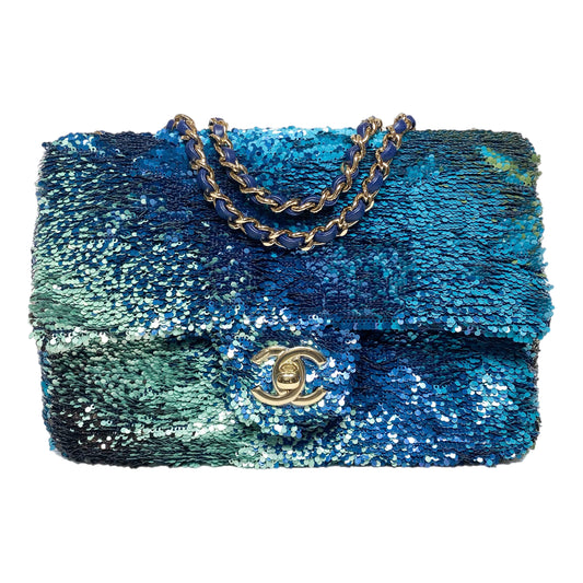 Chanel Blue Green Shaded Sequins Mini Flap Bag