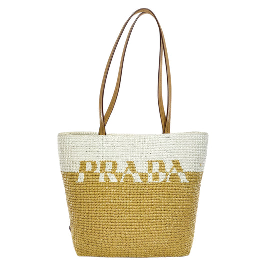 Prada White Naturale Yarn Raffia Effect Tote Bag