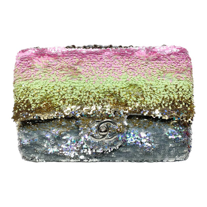 Chanel Pink Green Silver Sequins Mini Flap Bag