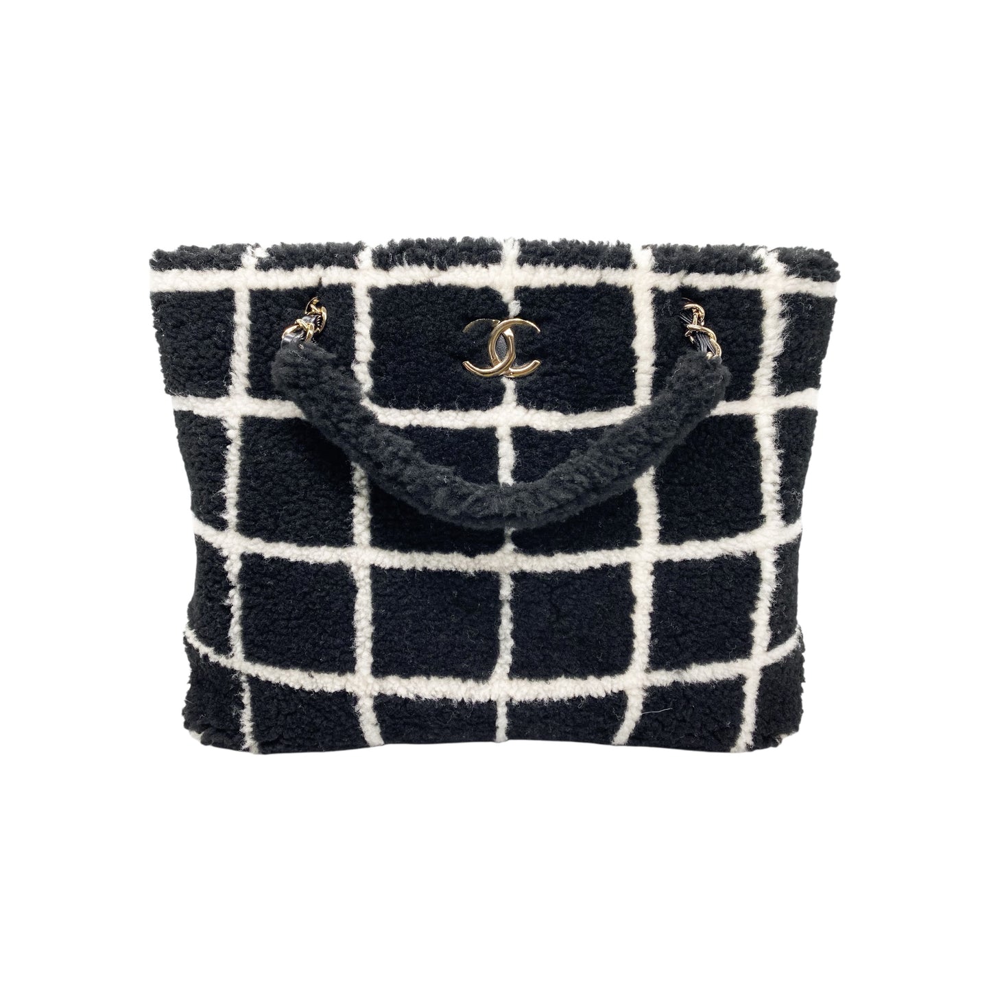 Chanel Black White Shearling Grid Tote bag