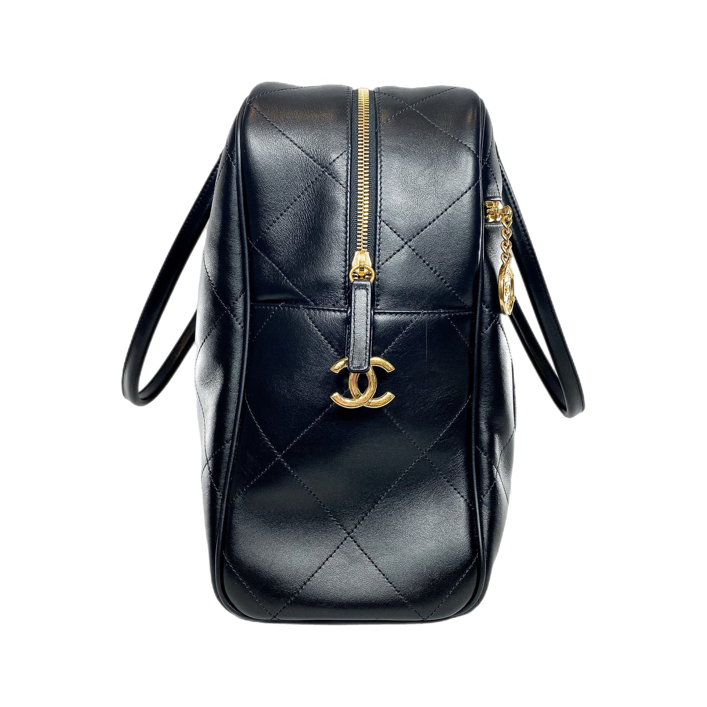 Chanel Black Stitched Maxi Logo Bowling Bag