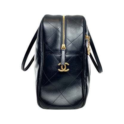 Chanel Black Stitched Maxi Logo Bowling Bag