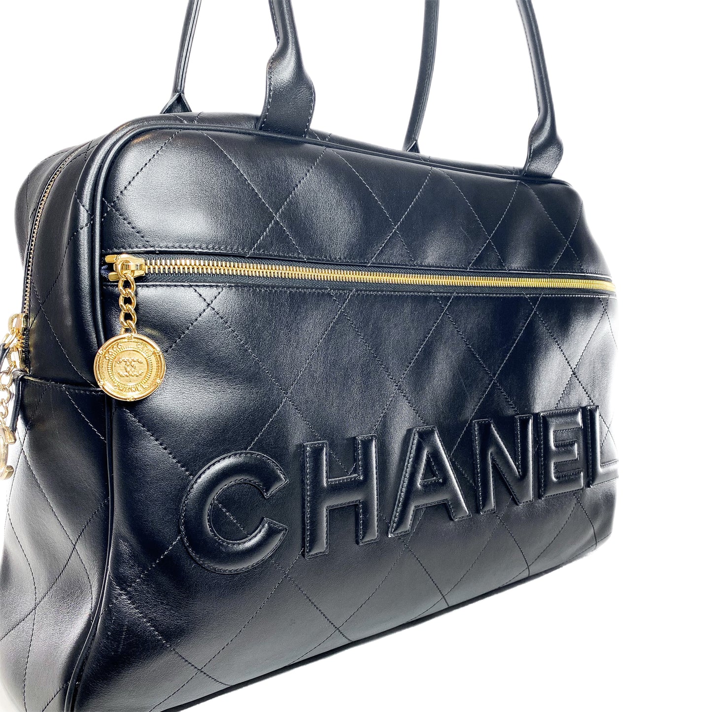 Chanel Black Stitched Maxi Logo Bowling Bag