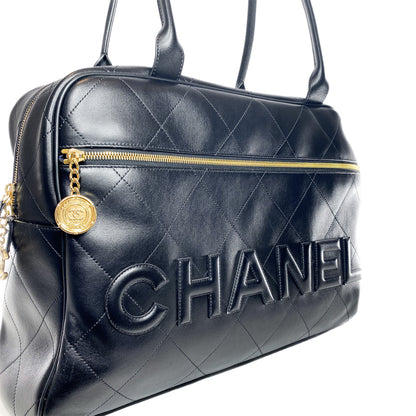 Chanel Black Stitched Maxi Logo Bowling Bag