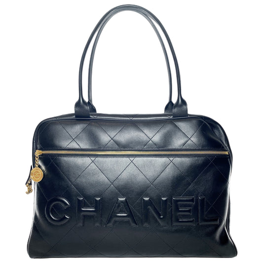 Chanel Black Stitched Maxi Logo Bowling Bag