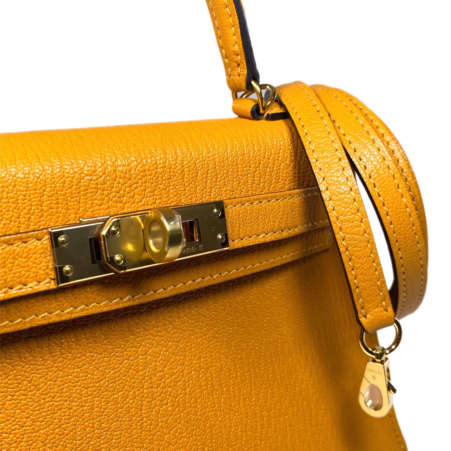 Hermes Mini Kelly 20 Jaune Ambre Chevre Mysore Gold Hardware