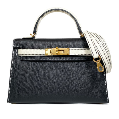 Hermes Special Order Mini Kelly 20 Noir and Craie Epsom Gold Hardware