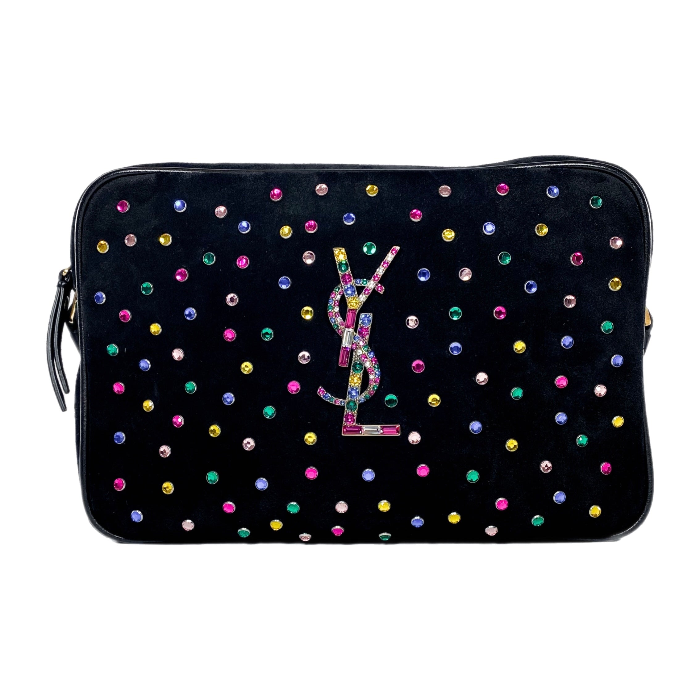 YSL Black Multicolor Crystal Suede Camera Bag