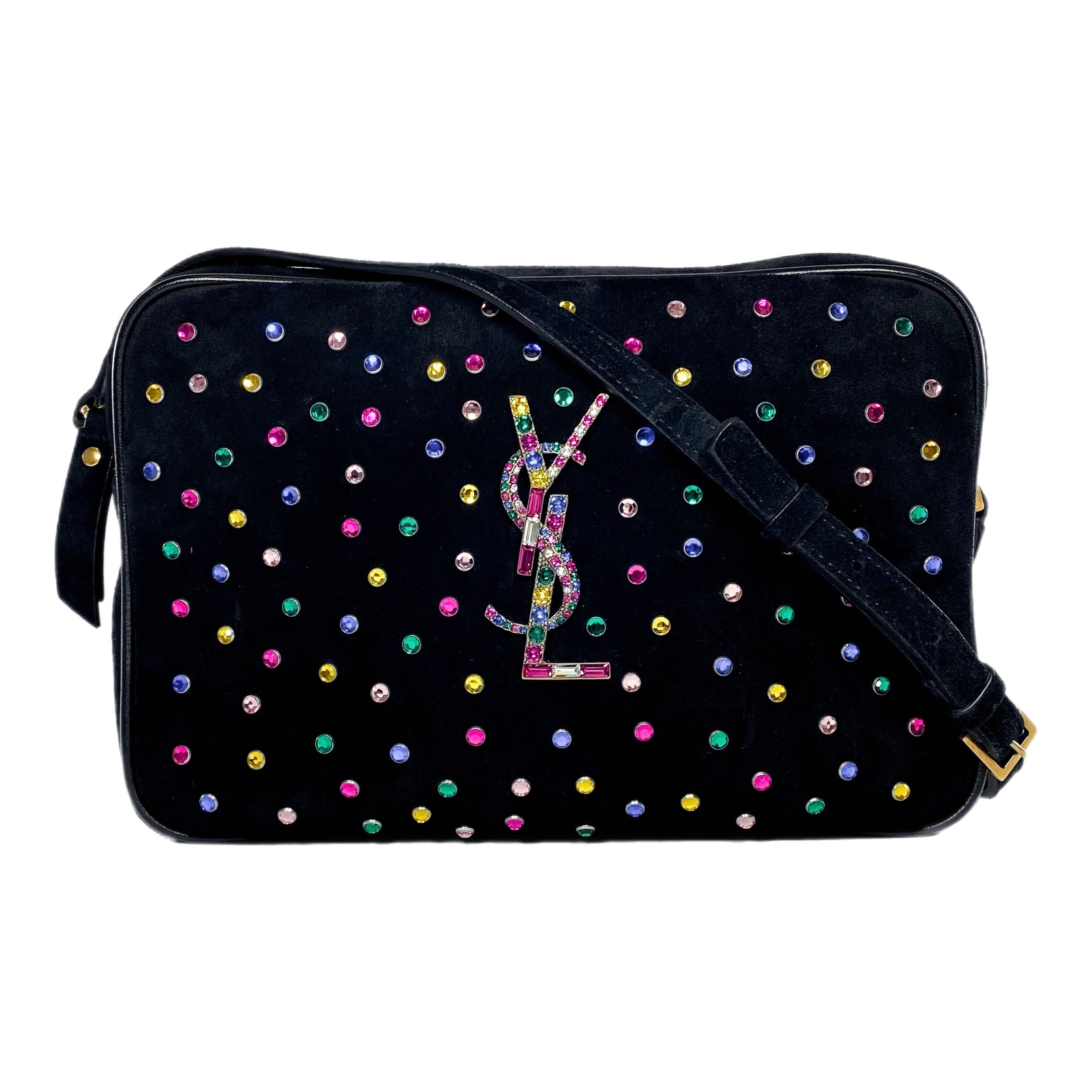 YSL Black Multicolor Crystal Suede Camera Bag