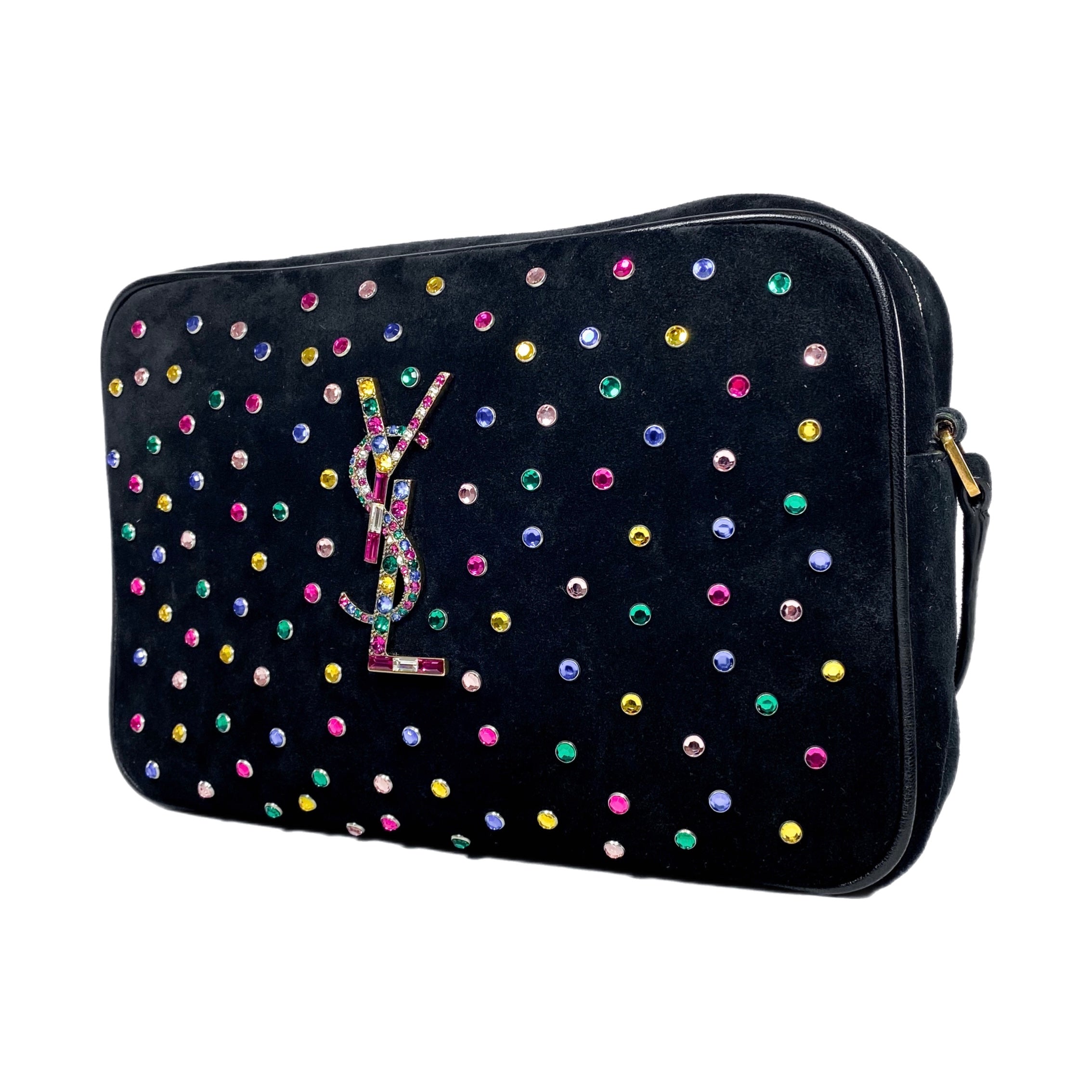 YSL Black Multicolor Crystal Suede Camera Bag