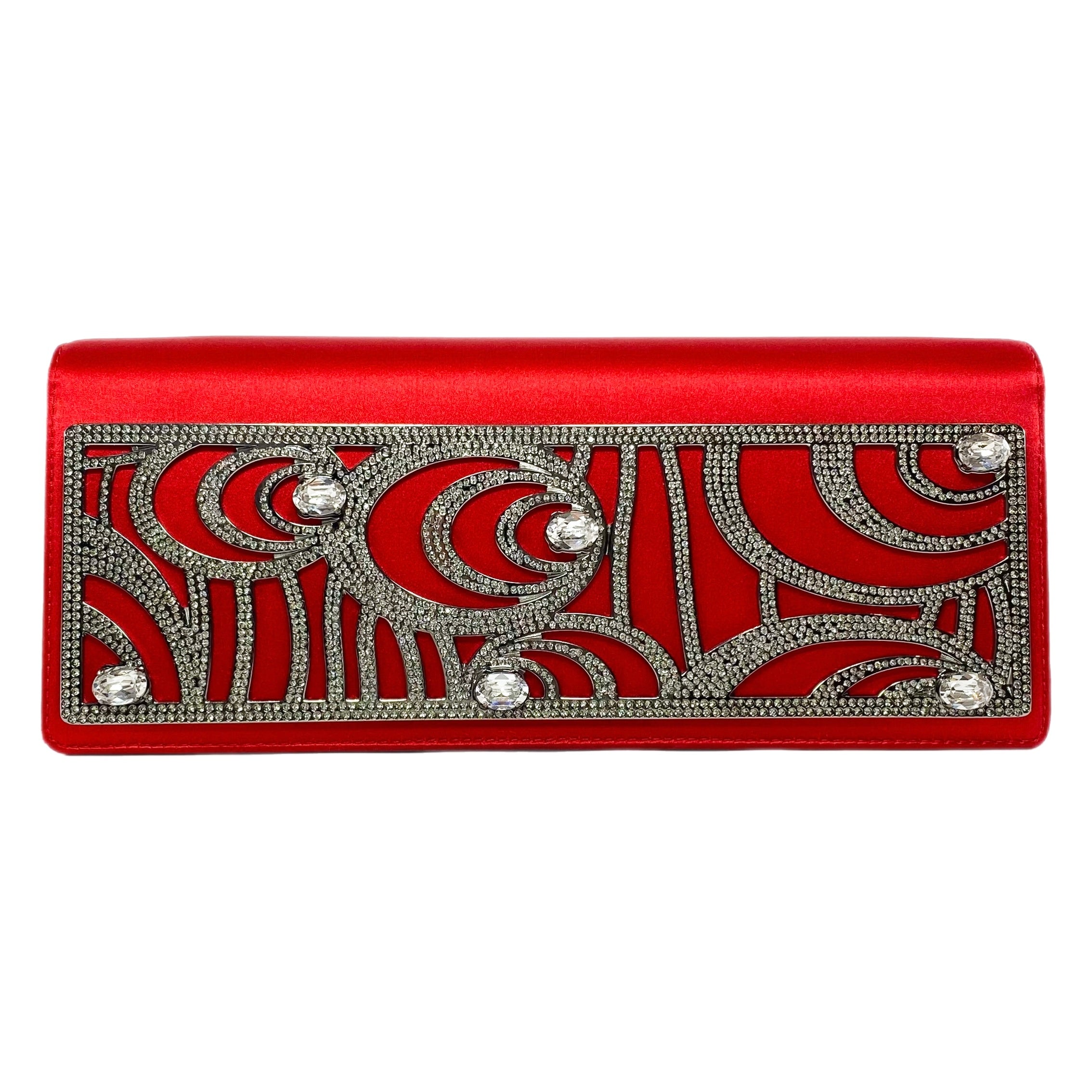 Valentino Red Satin Crystal Embellished Clutch with Chain