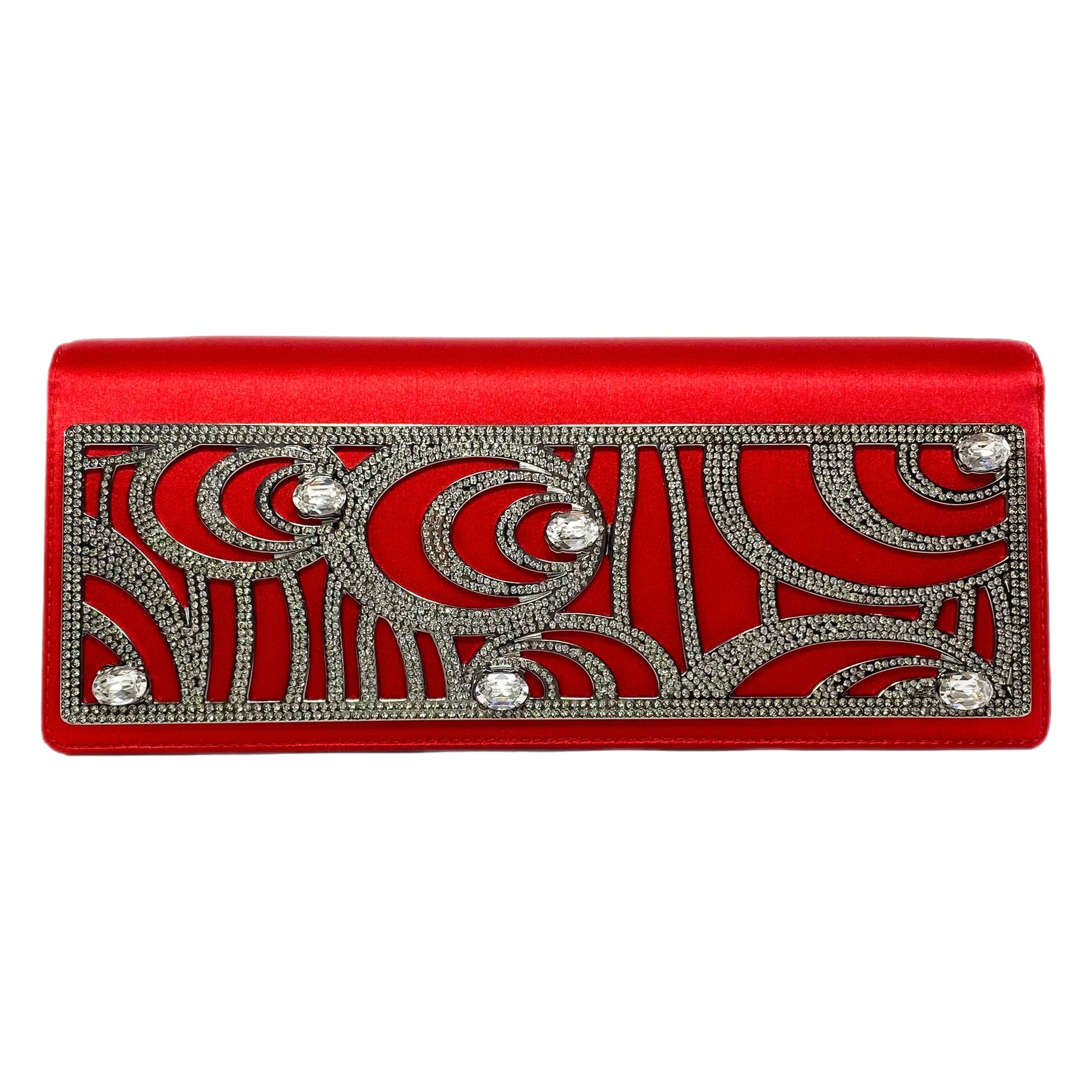 Valentino Red Satin Crystal Embellished Clutch with Chain  display picture 1