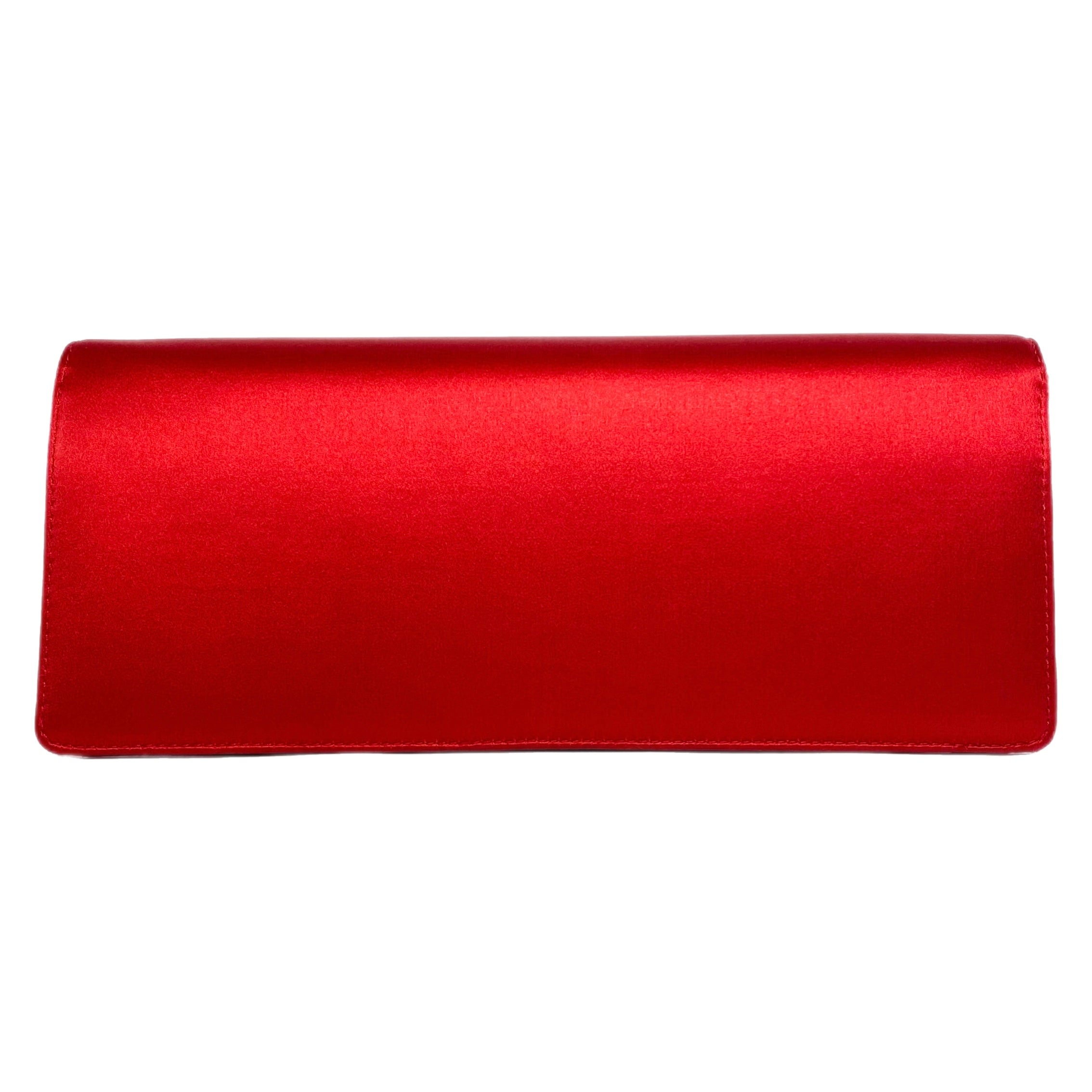 Valentino Red Satin Crystal Embellished Clutch with Chain