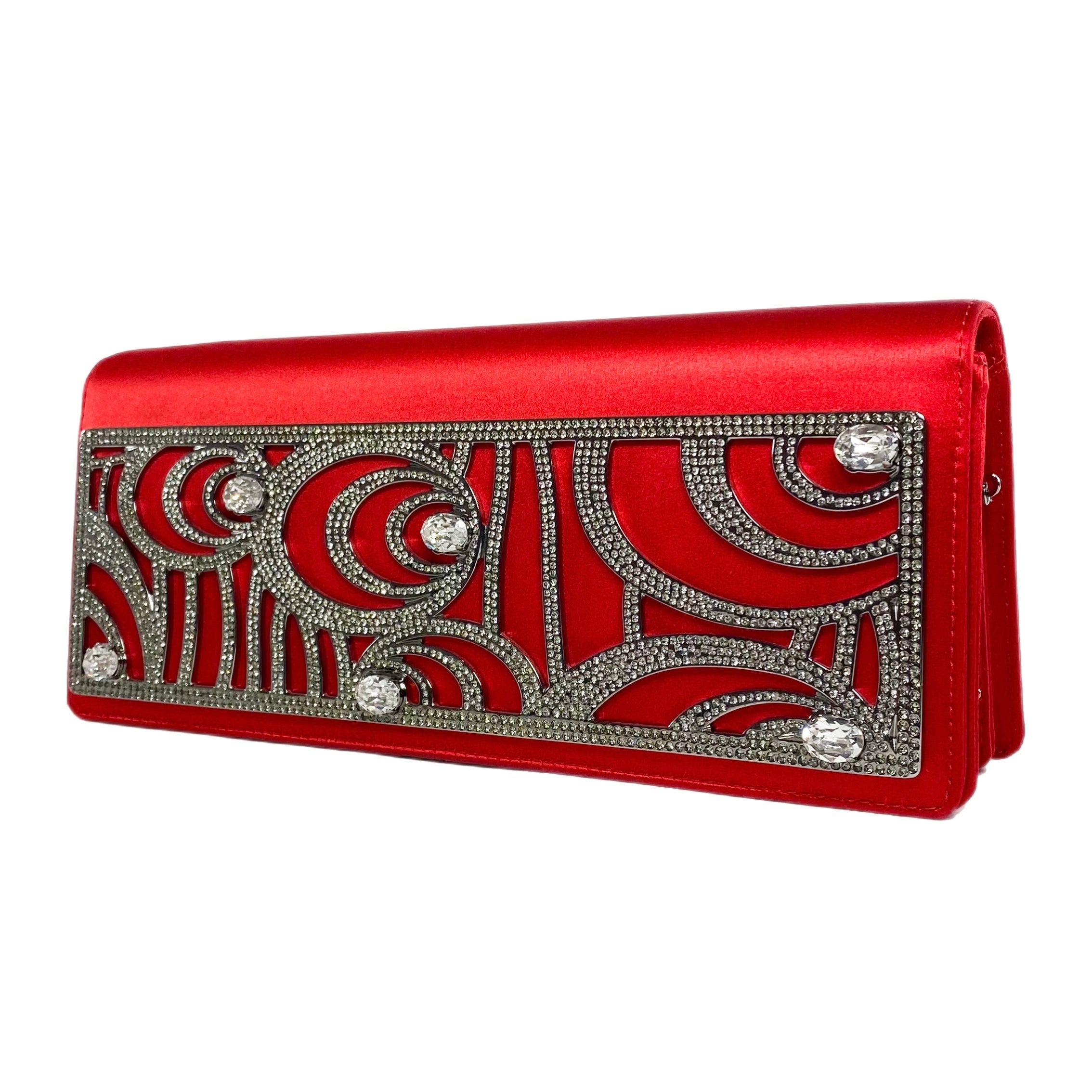 Valentino Red Satin Crystal Embellished Clutch with Chain