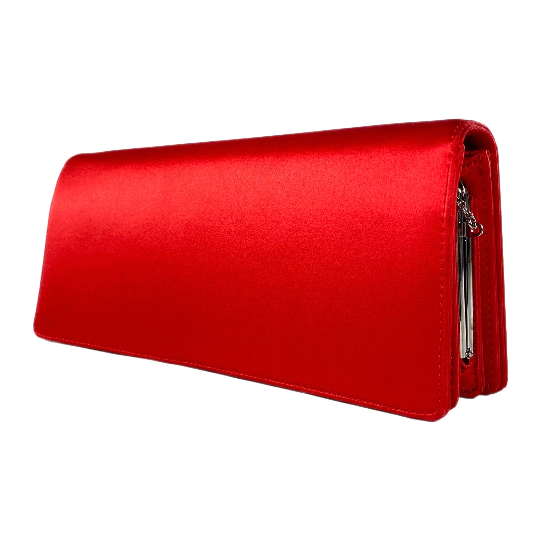 Valentino Red Satin Crystal Embellished Clutch with Chain