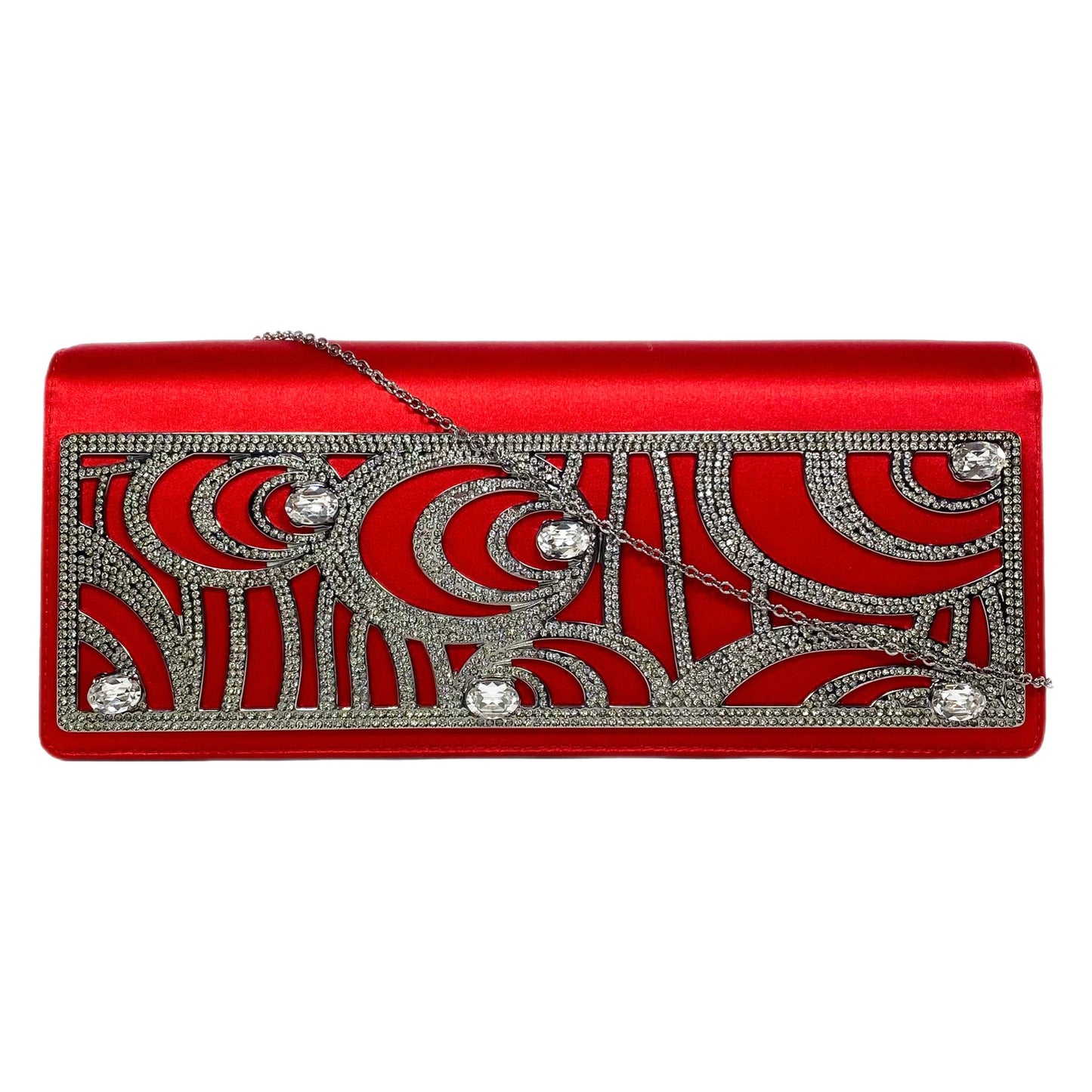Valentino Red Satin Crystal Embellished Clutch with Chain