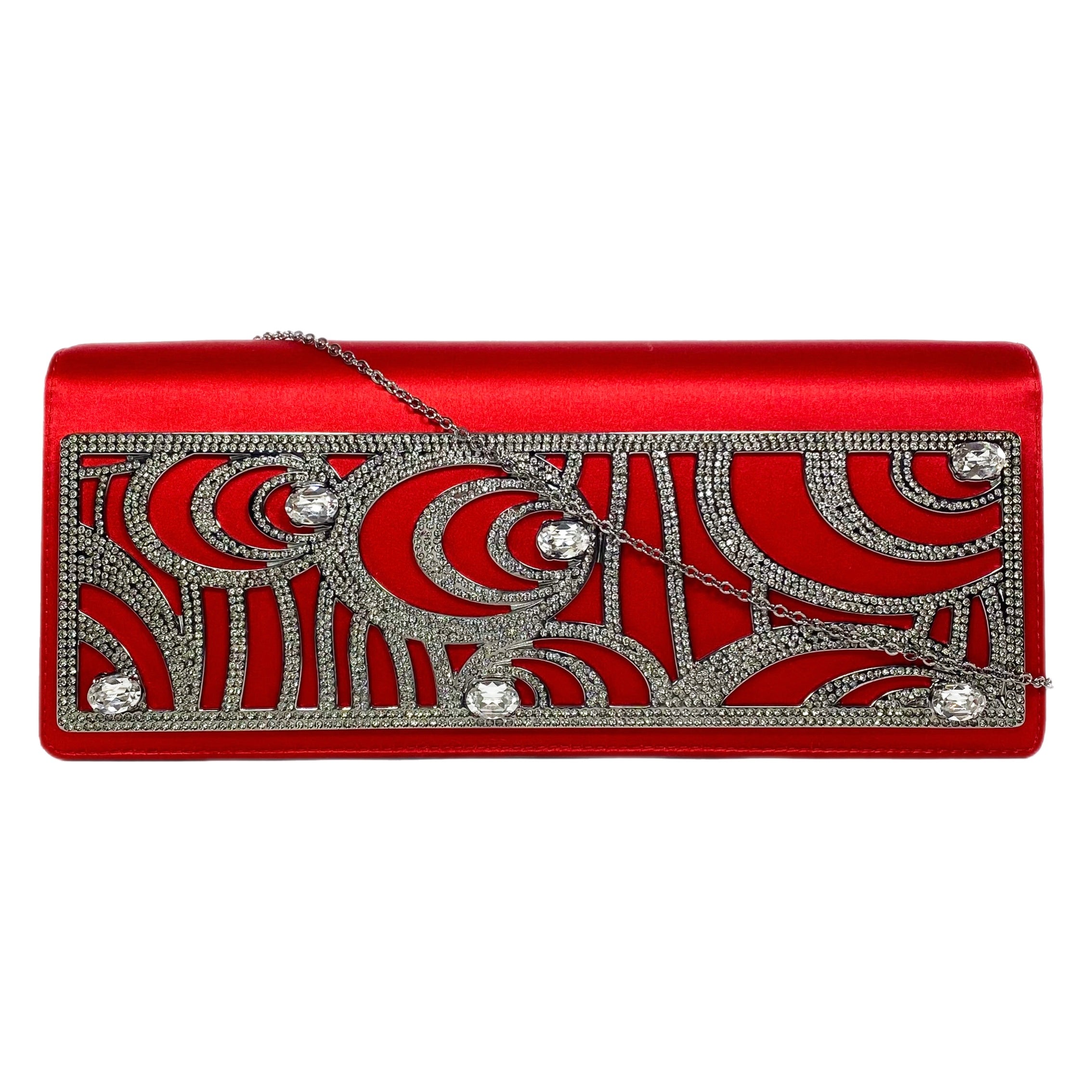 Valentino Red Satin Crystal Embellished Clutch with Chain