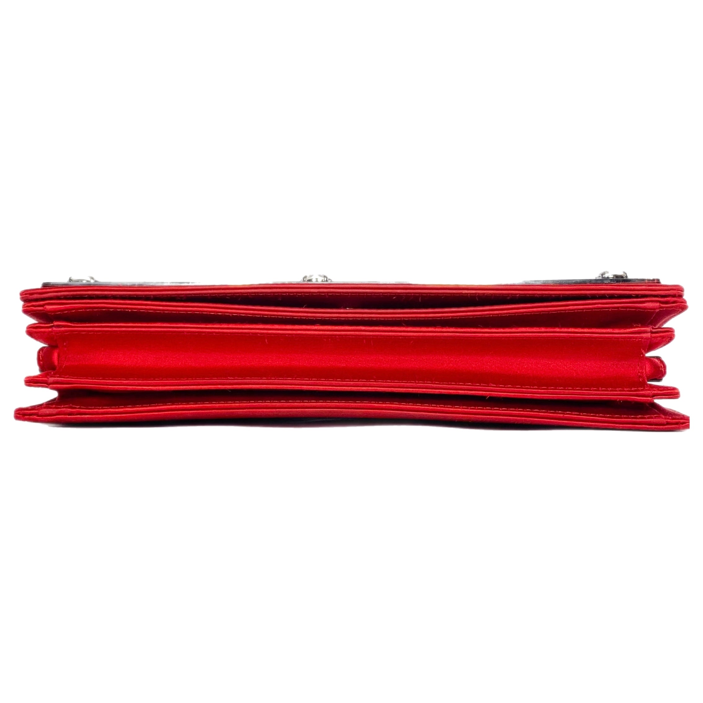 Valentino Red Satin Crystal Embellished Clutch with Chain