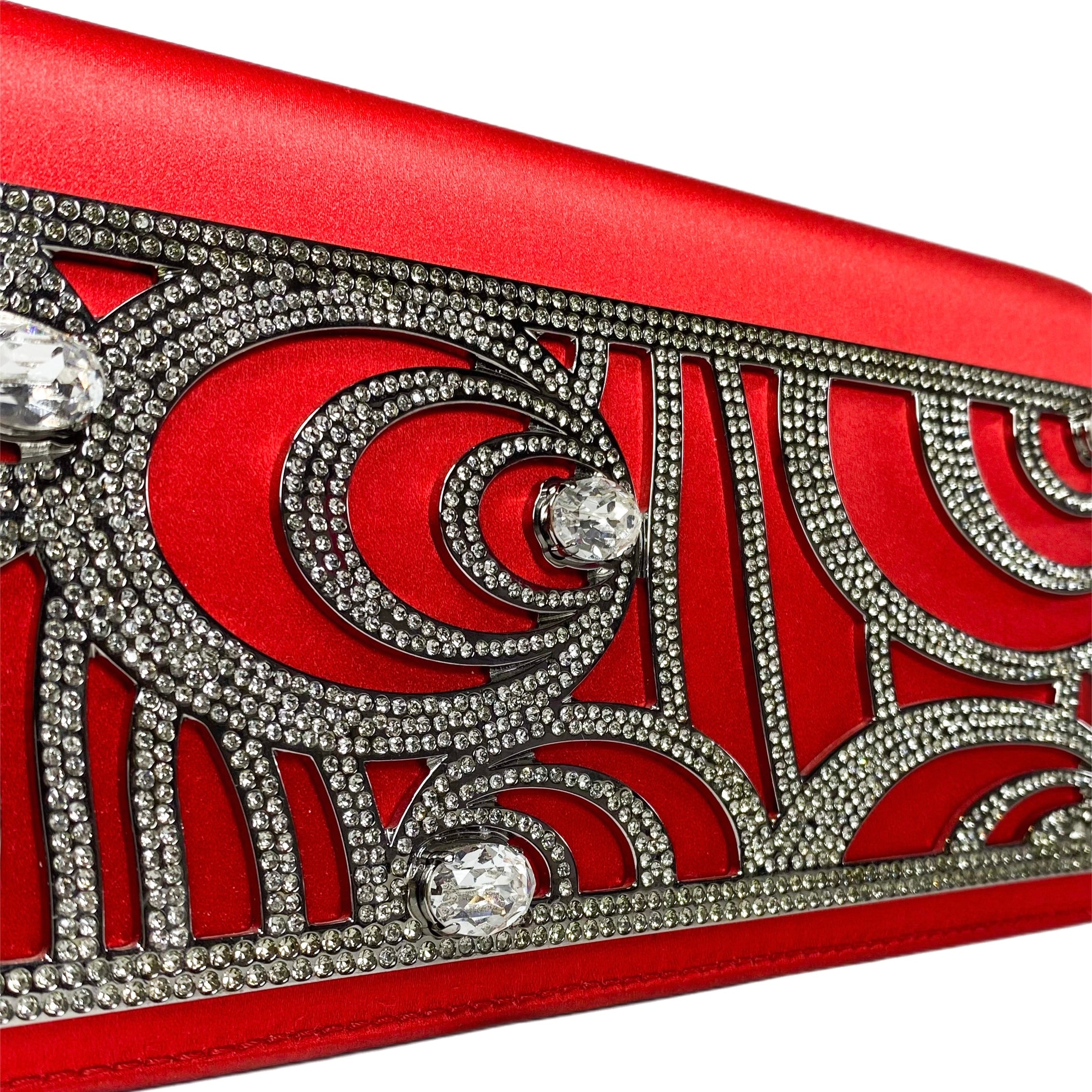 Valentino Red Satin Crystal Embellished Clutch with Chain