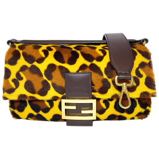 Fendi Yellow Brown Leopard Print Baguette