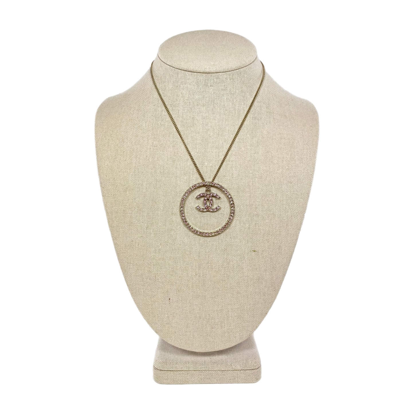 Chanel Circle CC Logo Necklace with Pink Crystals
