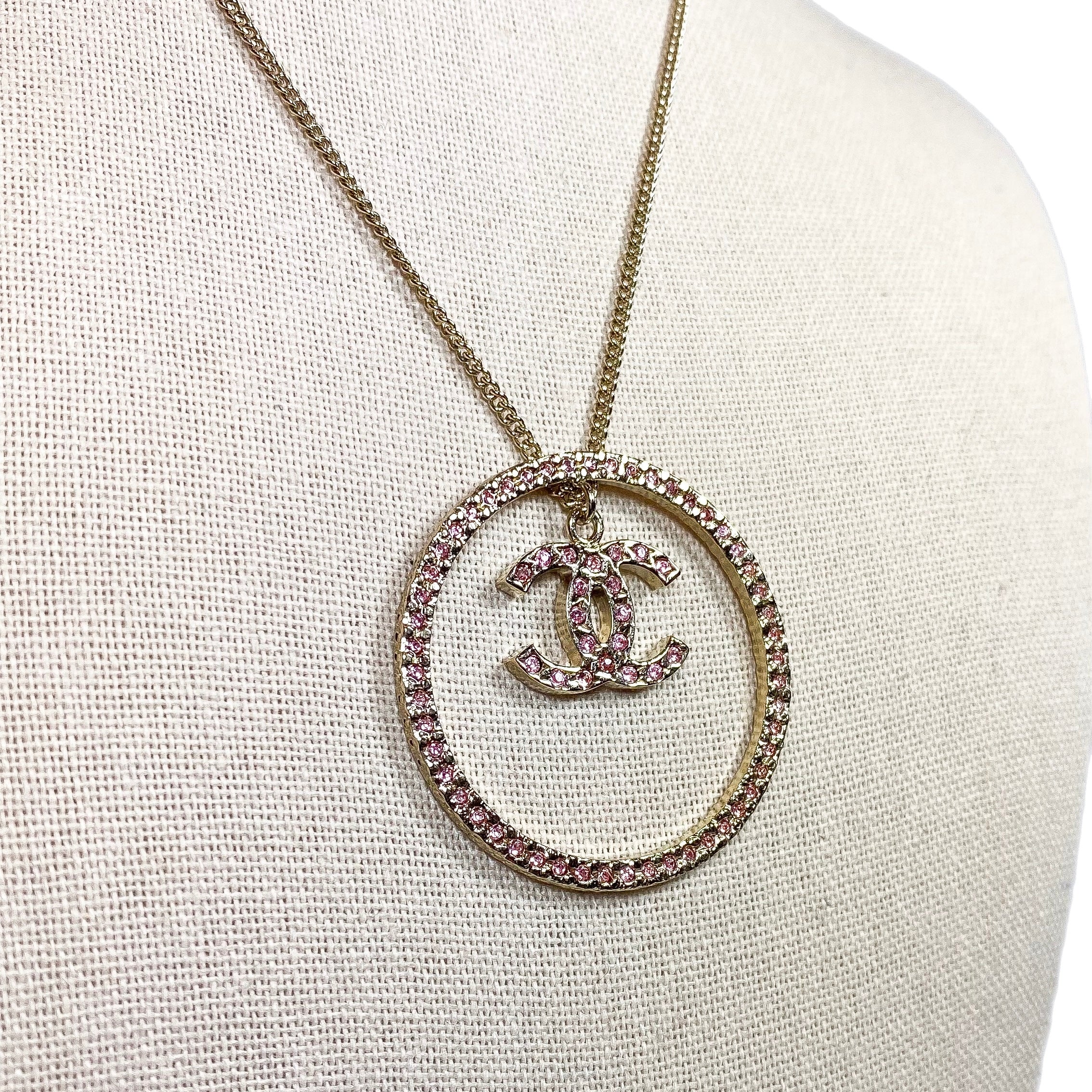 Chanel Circle CC Logo Necklace with Pink Crystals