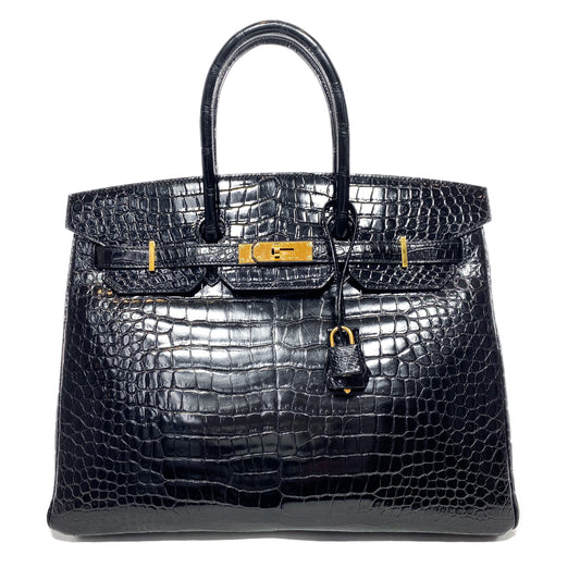 Hermes Birkin 35 Black Shiny Porosus Crocodile Gold Hardware