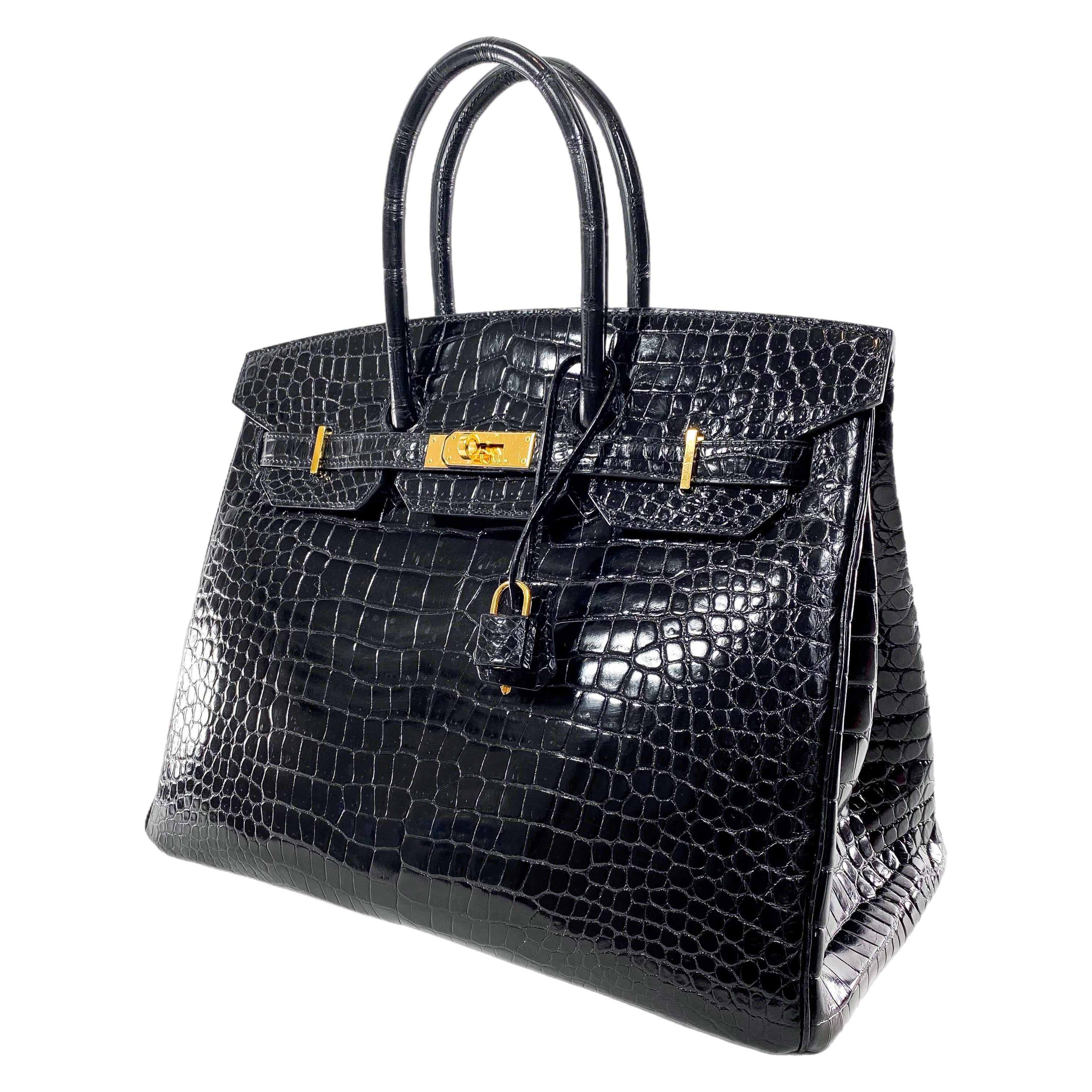 Hermes Birkin 35 Black Shiny Porosus Crocodile Gold Hardware