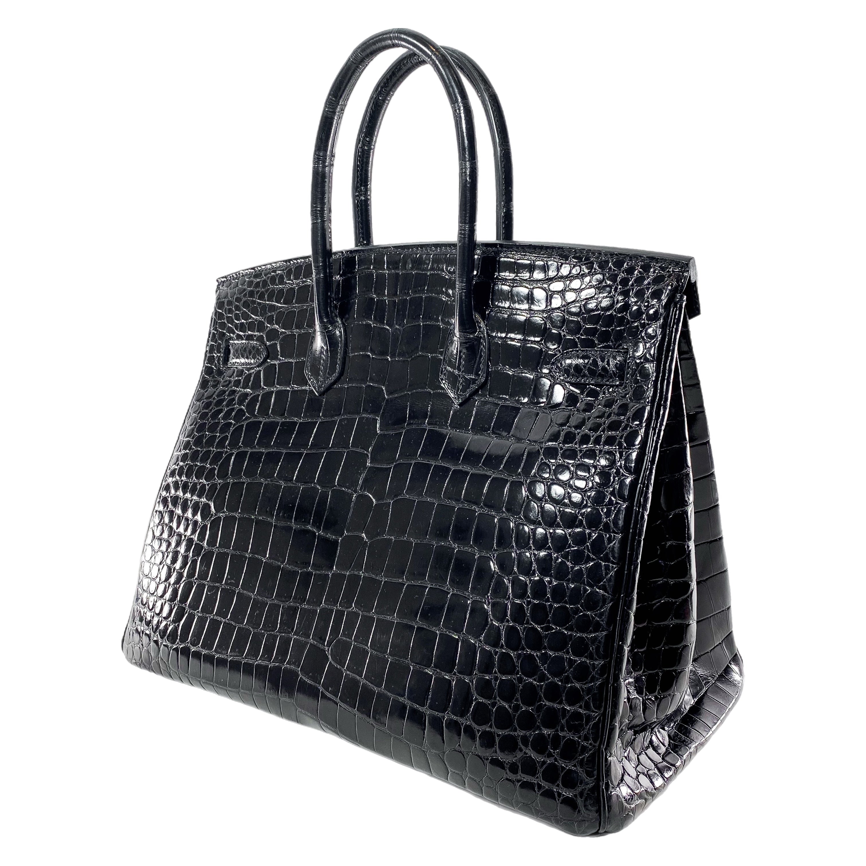 Hermes Birkin 35 Black Shiny Porosus Crocodile Gold Hardware