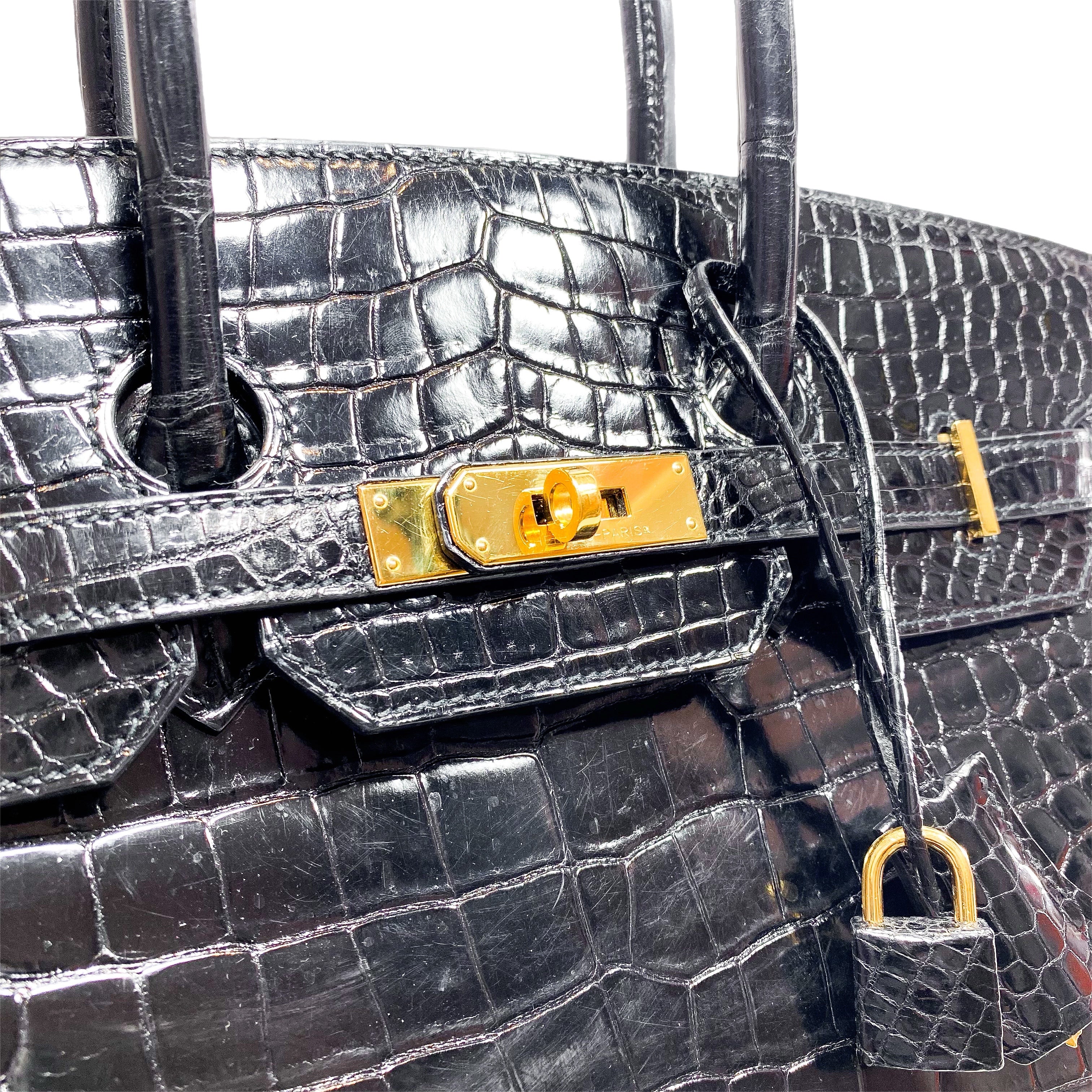 Hermes Birkin 35 Black Shiny Porosus Crocodile Gold Hardware