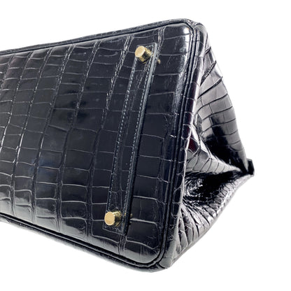 Hermes Birkin 35 Black Shiny Porosus Crocodile Gold Hardware
