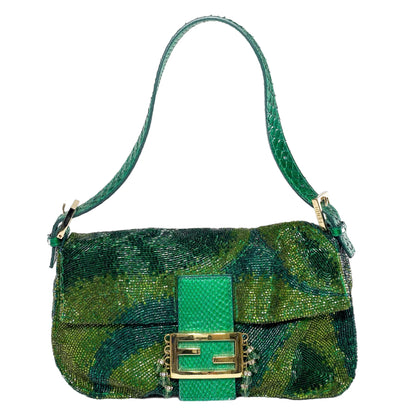Fendi Green Beaded Python Baguette