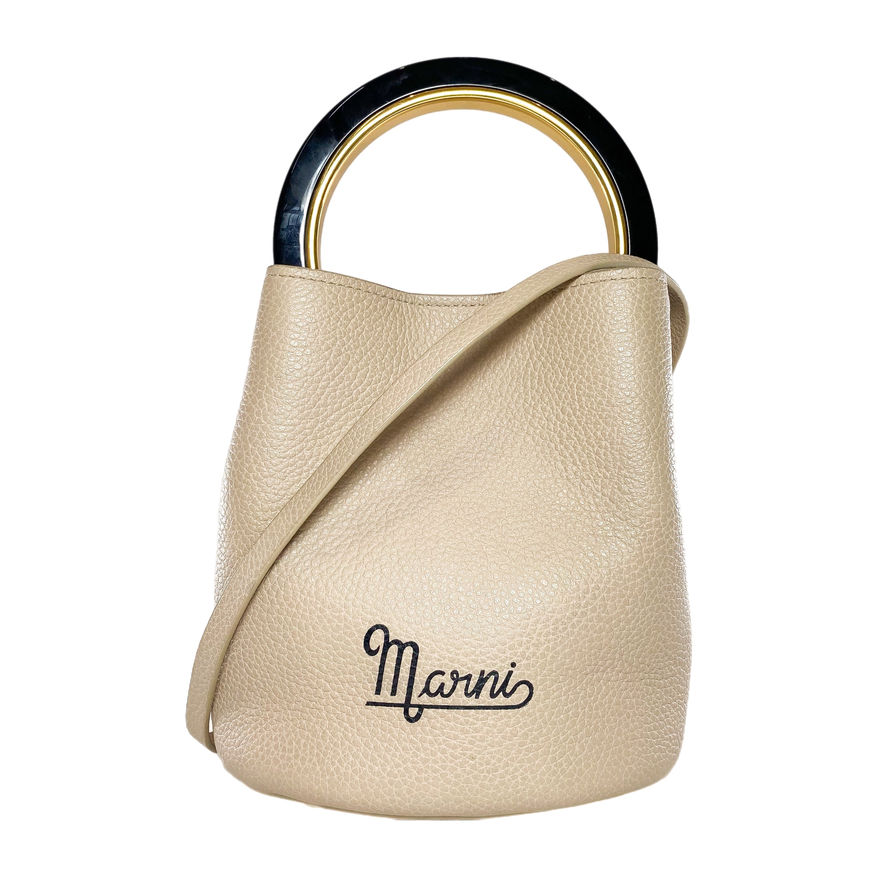 【送料&関税込】Marni Logo Embroidered Bucket Bag Marni Beige Pannier Logo Print Bucket Bag | Consign of the