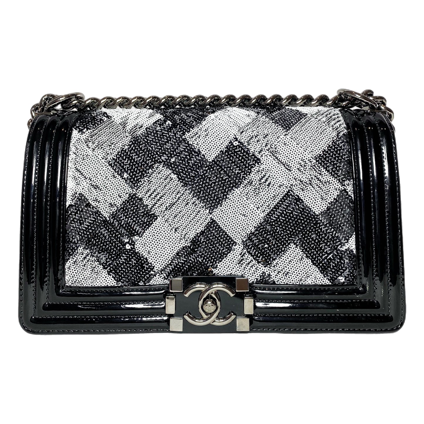 Chanel Black White Sequin Patent Old Medium Boy Bag