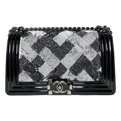 Chanel Black White Sequin Patent Old Medium Boy Bag
