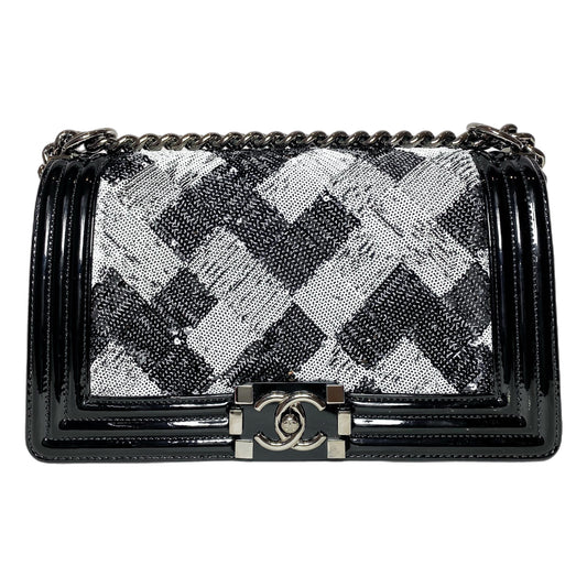 Chanel Black White Sequin Patent Old Medium Boy Bag