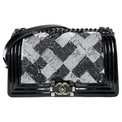 Chanel Black White Sequin Patent Old Medium Boy Bag